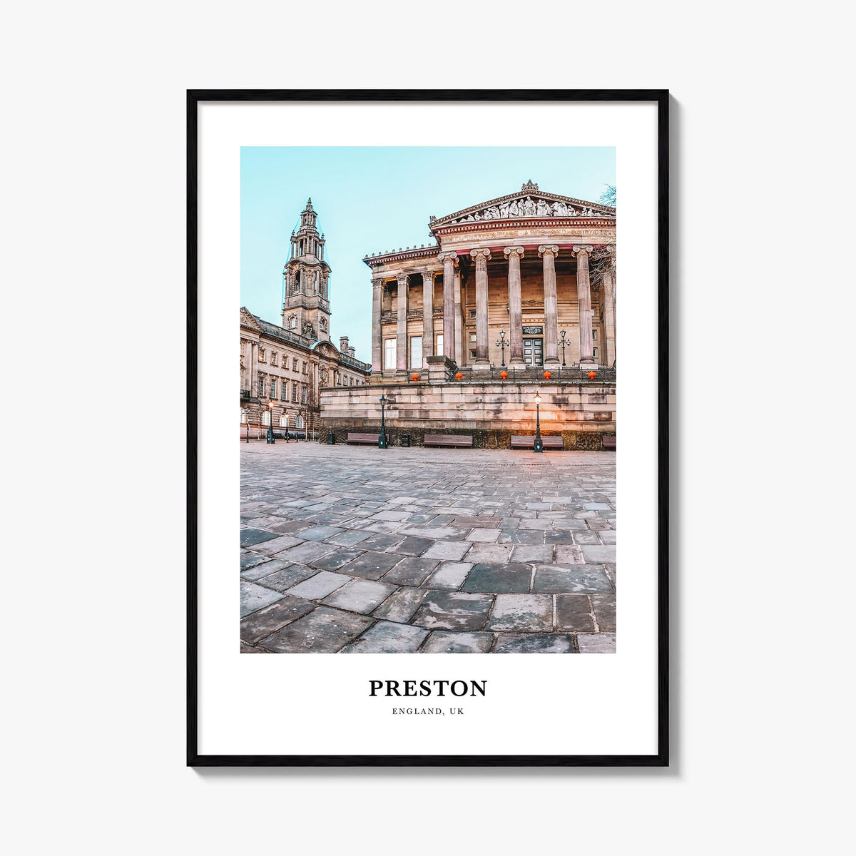 Preston colorful classic poster of United Kingdom – vertical wall art, unframed print shown in interior mockup