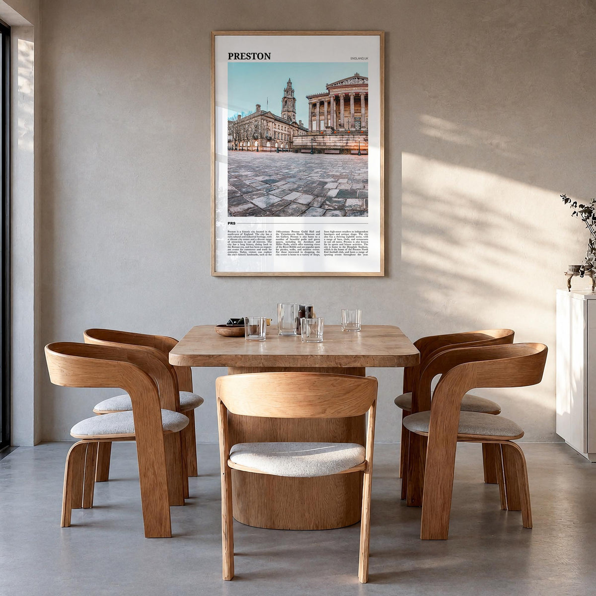 Preston colorful travel poster of United Kingdom – vertical wall art in natural wood frame, hanging on wall