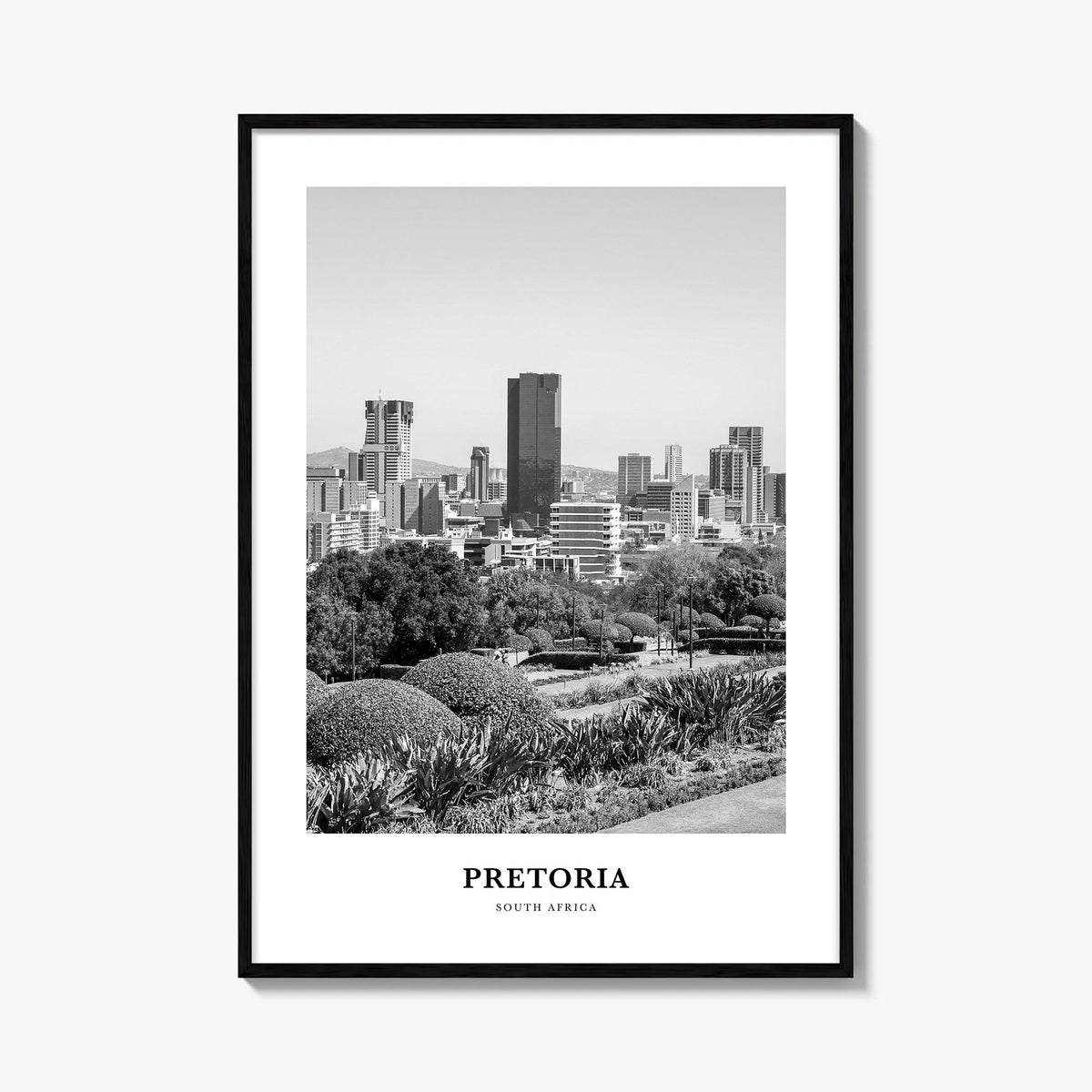 Pretoria black & white classic poster of South Africa – vertical wall art, unframed print shown in interior mockup