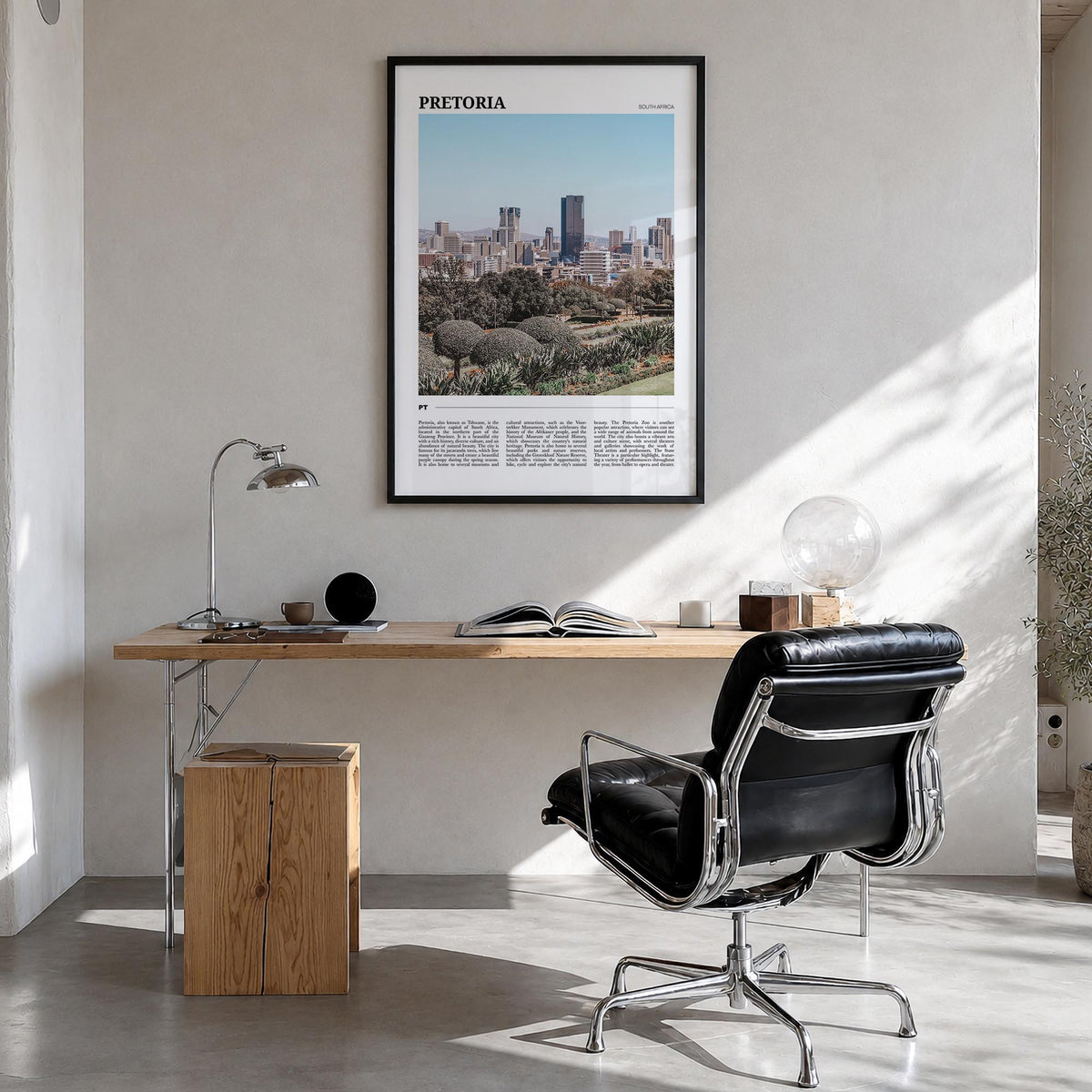 Pretoria colorful travel poster of South Africa – vertical wall art in black wood frame, hanging on wall