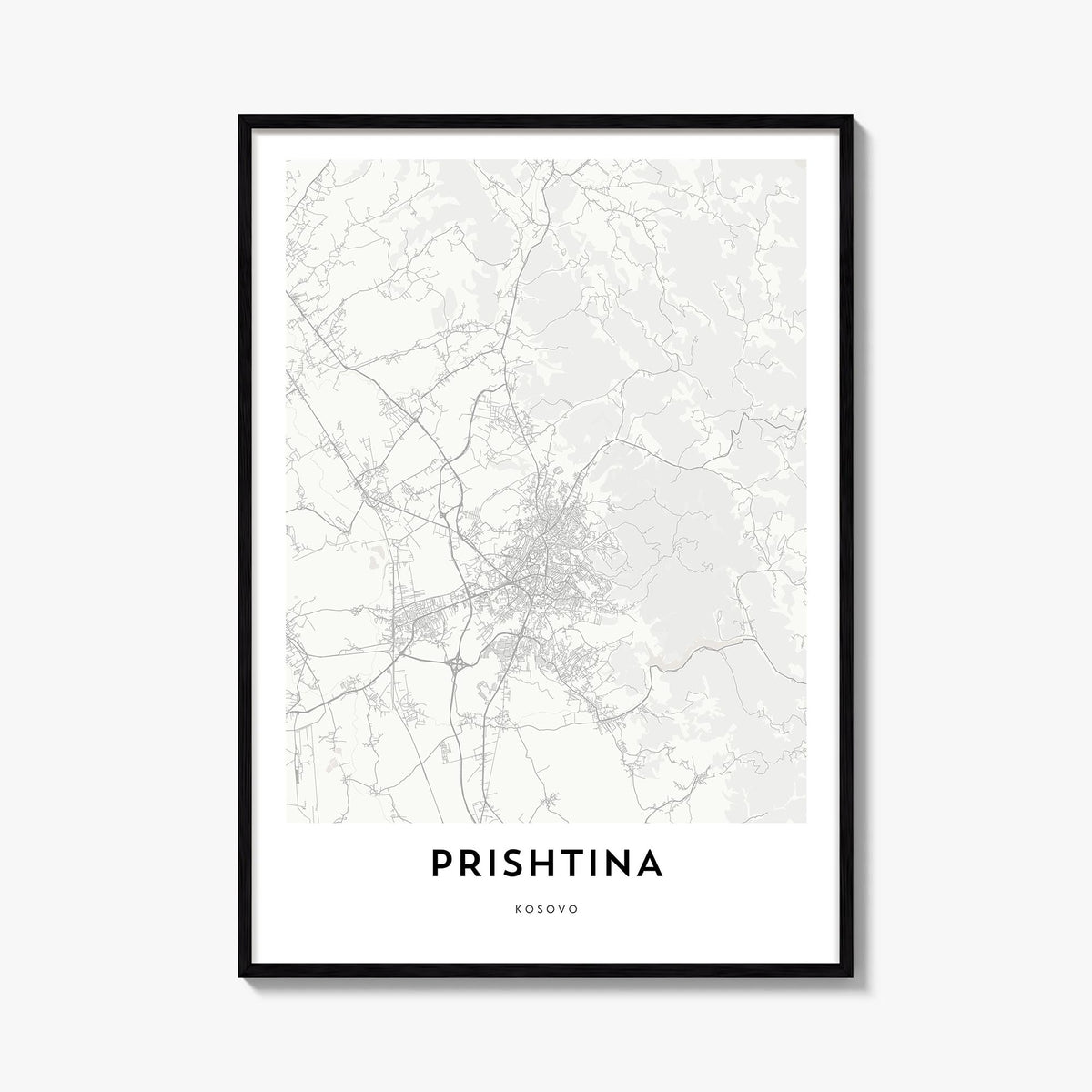 Pristina black & white map poster of Kosovo – vertical wall art, unframed print shown in interior mockup