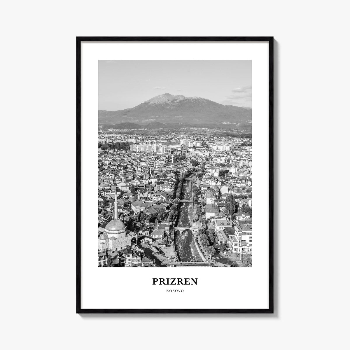 Prizren black & white classic poster of Kosovo – vertical wall art, unframed print shown in interior mockup