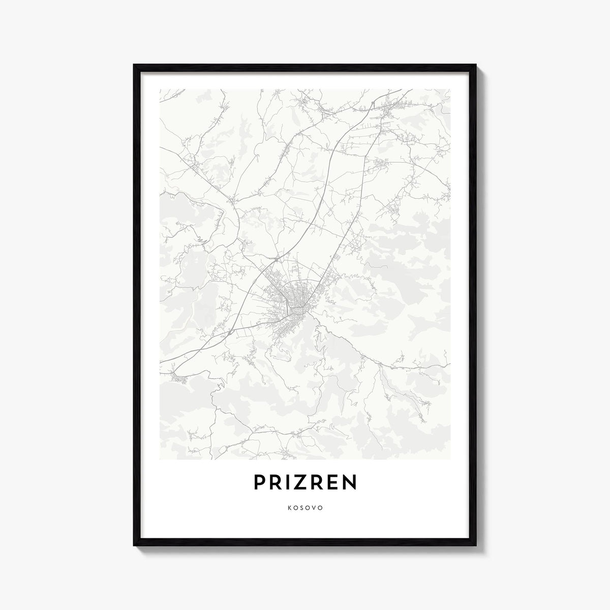 Prizren black & white map poster of Kosovo – vertical wall art, unframed print shown in interior mockup