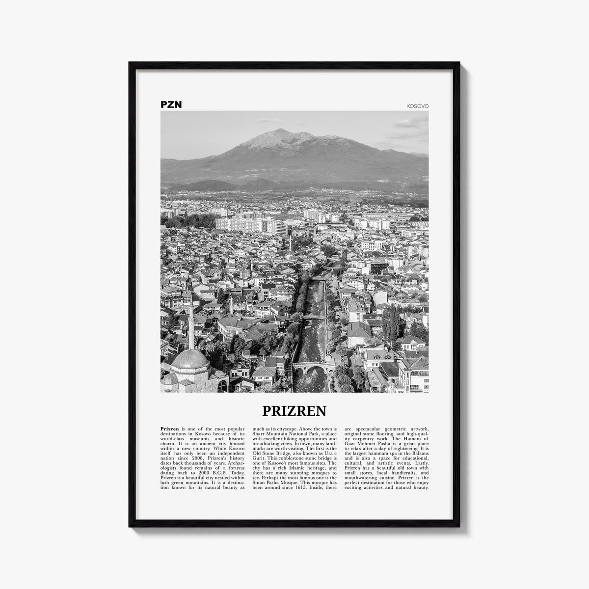 Prizren black & white newspaper poster of Kosovo – vertical wall art, unframed print shown in interior mockup