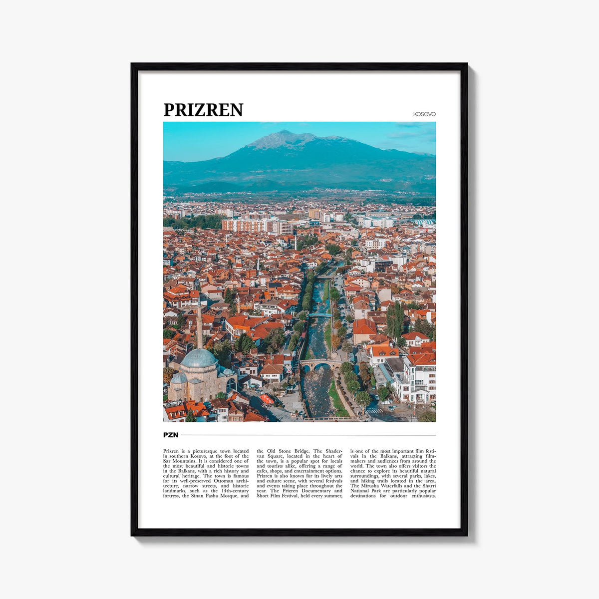 Prizren no. 1 colorful travel poster of Kosovo – vertical wall art, unframed print shown in interior mockup