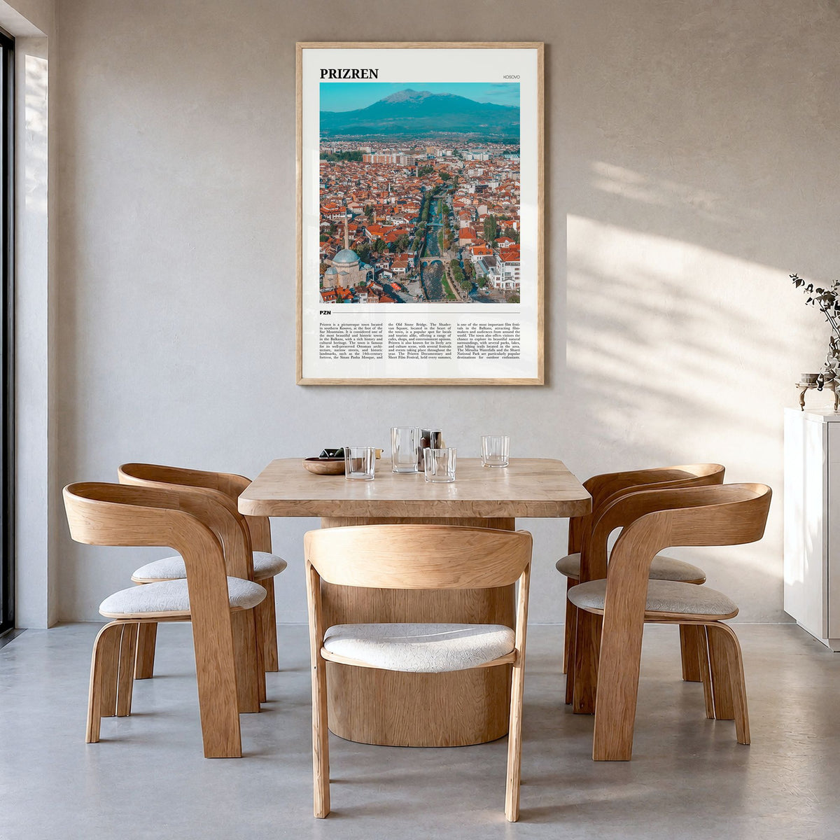 Prizren Travel No 1 Poster in a natural wood frame, hanging in a dining room