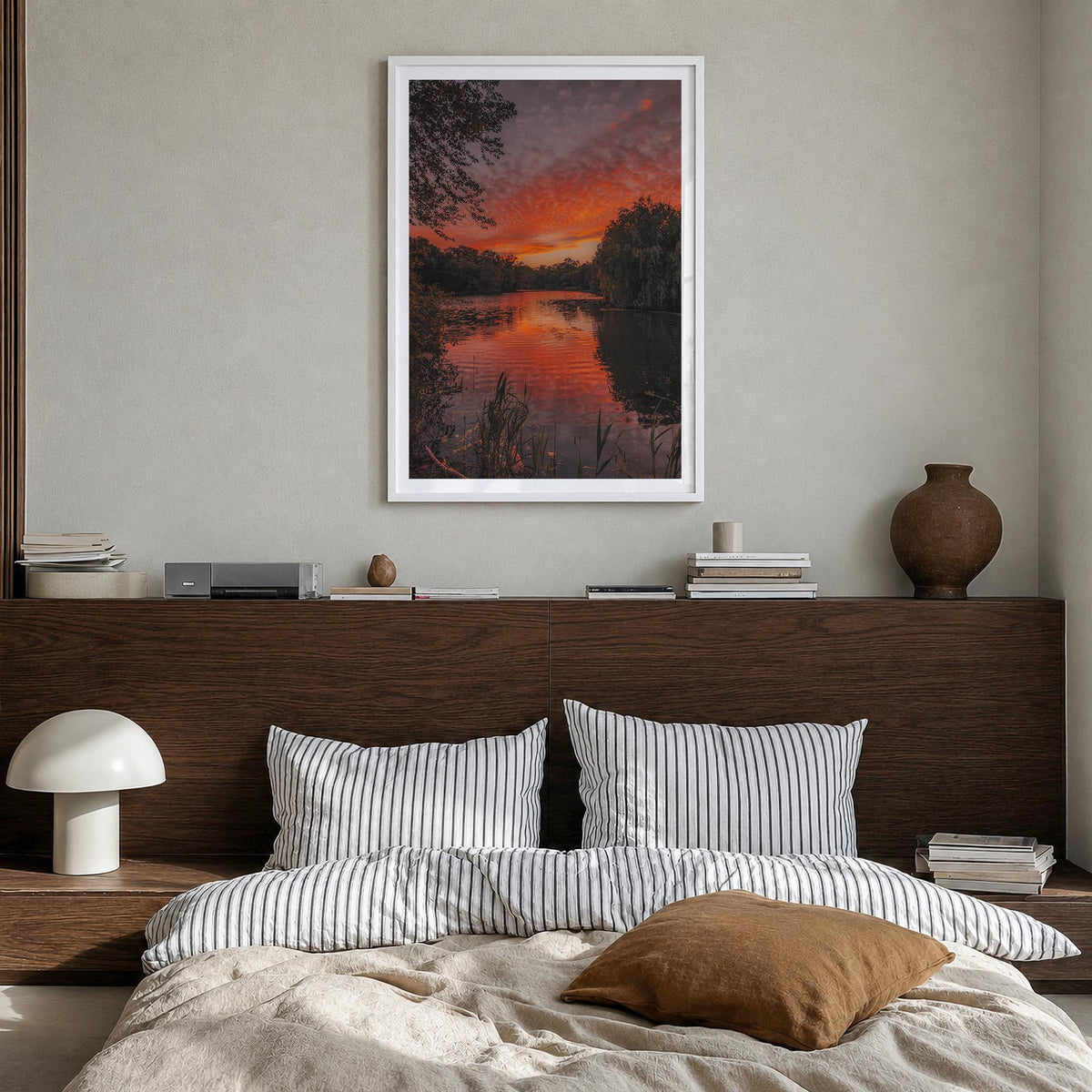 Prospect Park Lake colorful photo poster of New York, USA – vertical wall art in white wood frame with white border, hanging
