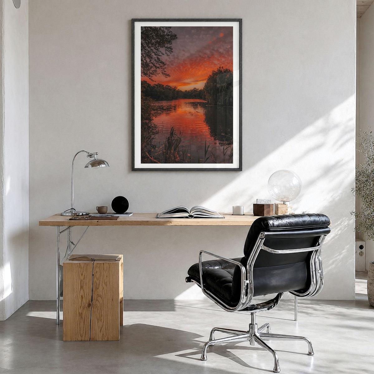 Prospect Park Lake Photo Poster in a black wood frame, hanging in a bright home office, white border