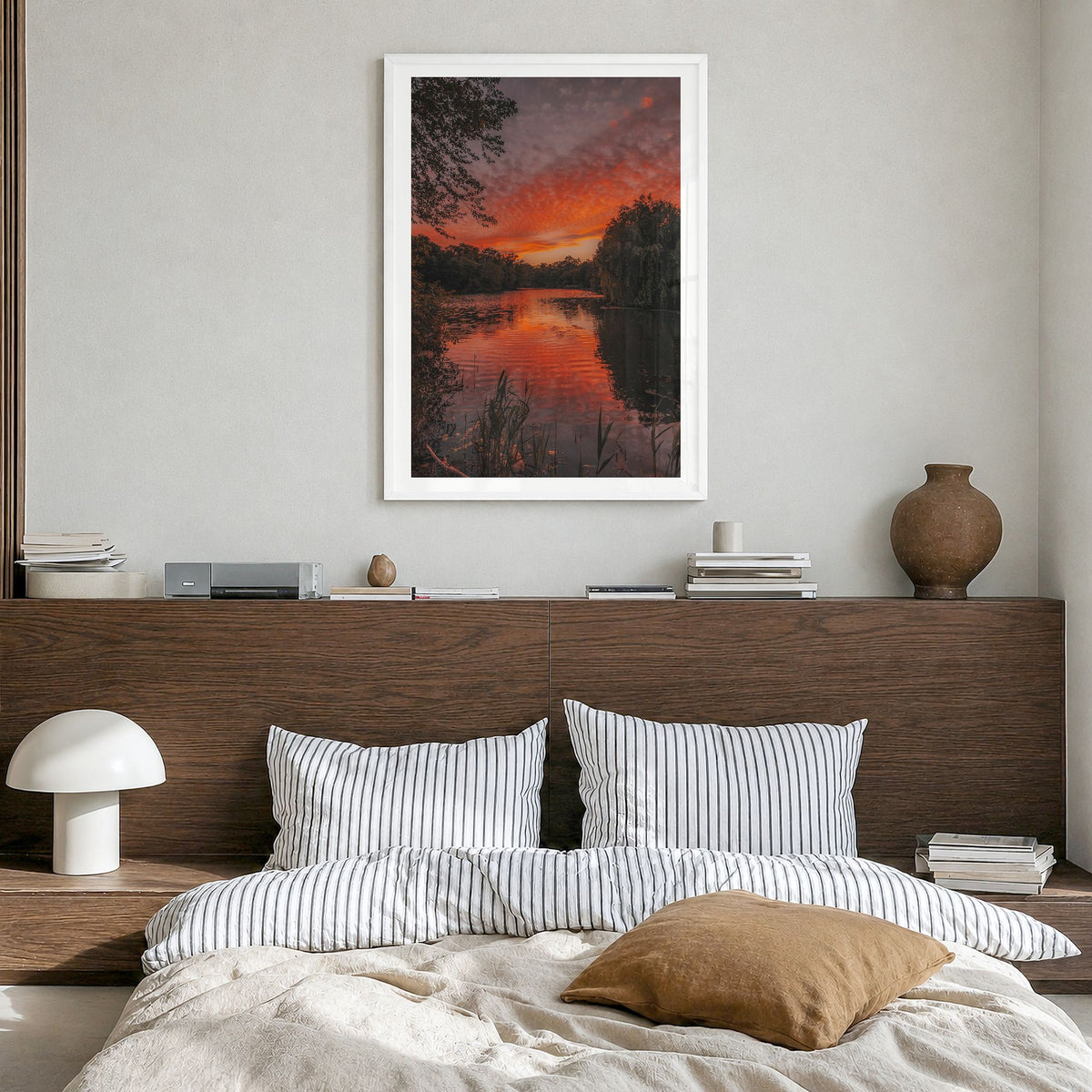 Prospect Park Lake Photo Poster in a white wood frame, hanging in a bedroom, white border