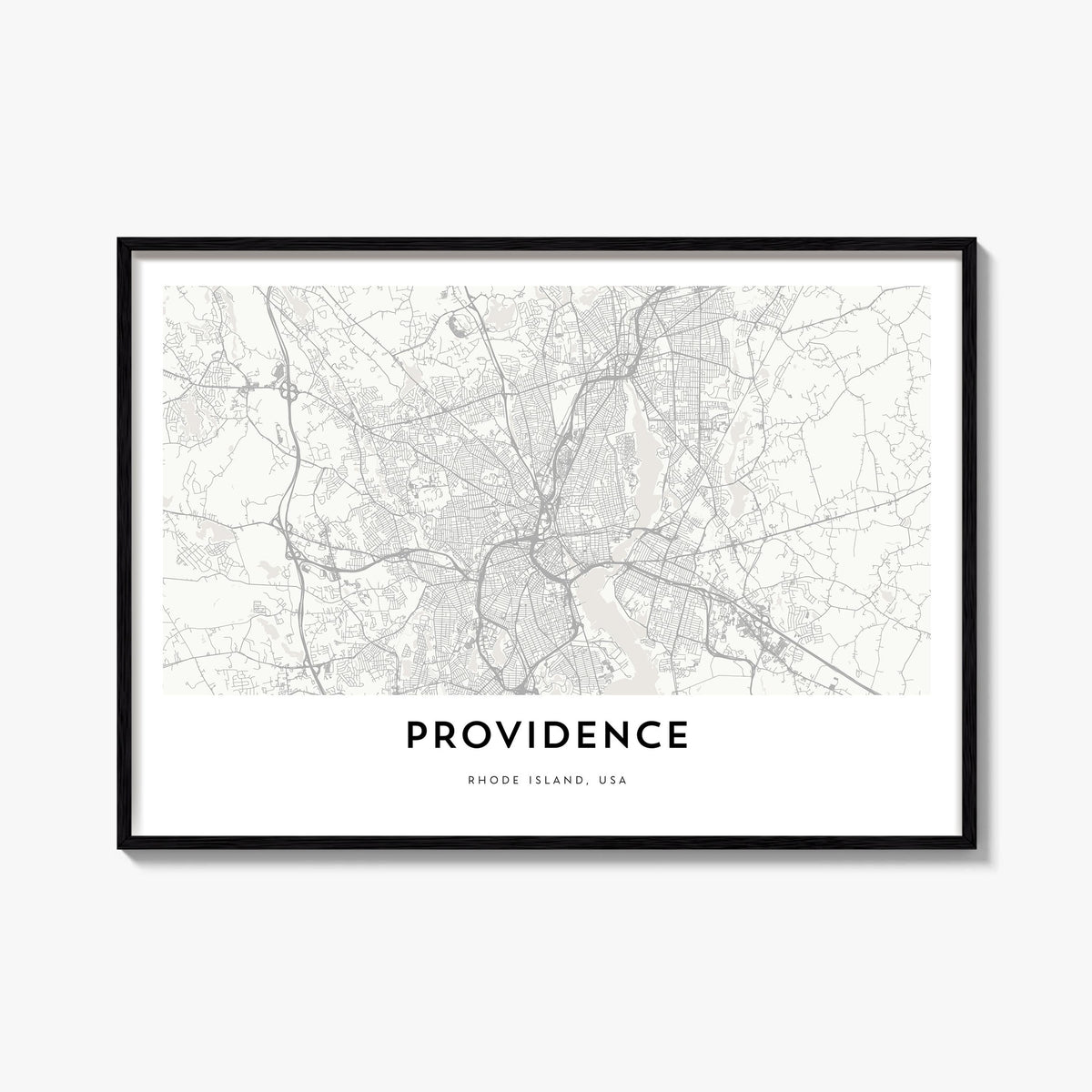Providence black & white map poster of Rhode Island, USA – horizontal wall art, unframed print shown in interior mockup