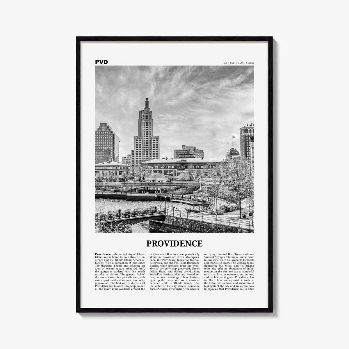 Providence black & white newspaper poster of Rhode Island, USA – vertical wall art, unframed print shown in interior mockup