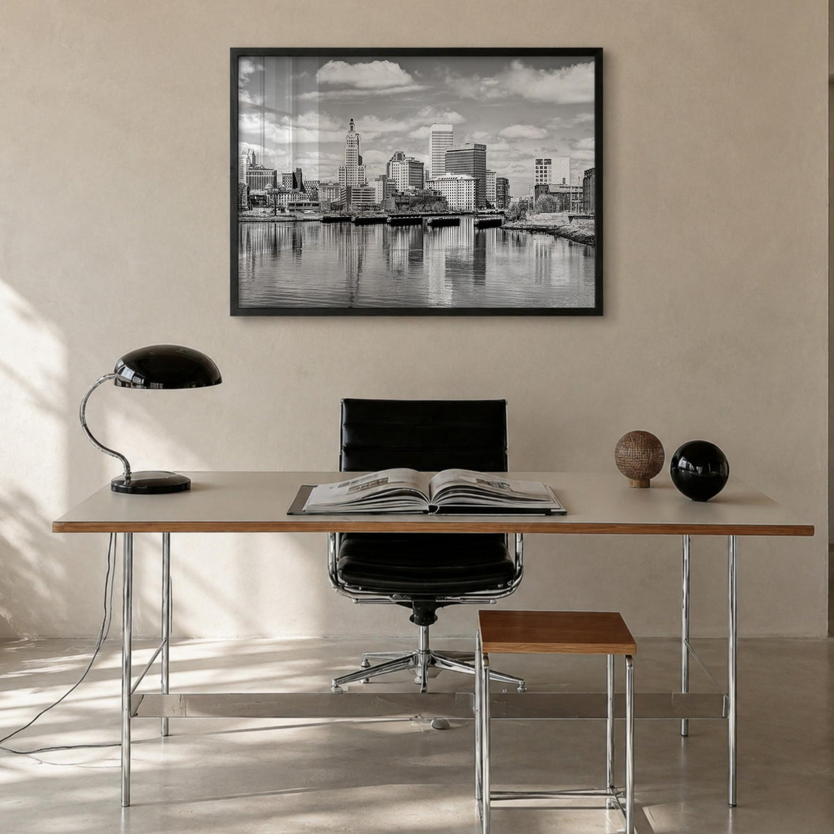Providence black & white photo poster of Rhode Island, USA – horizontal wall art in black wood frame, hanging on wall