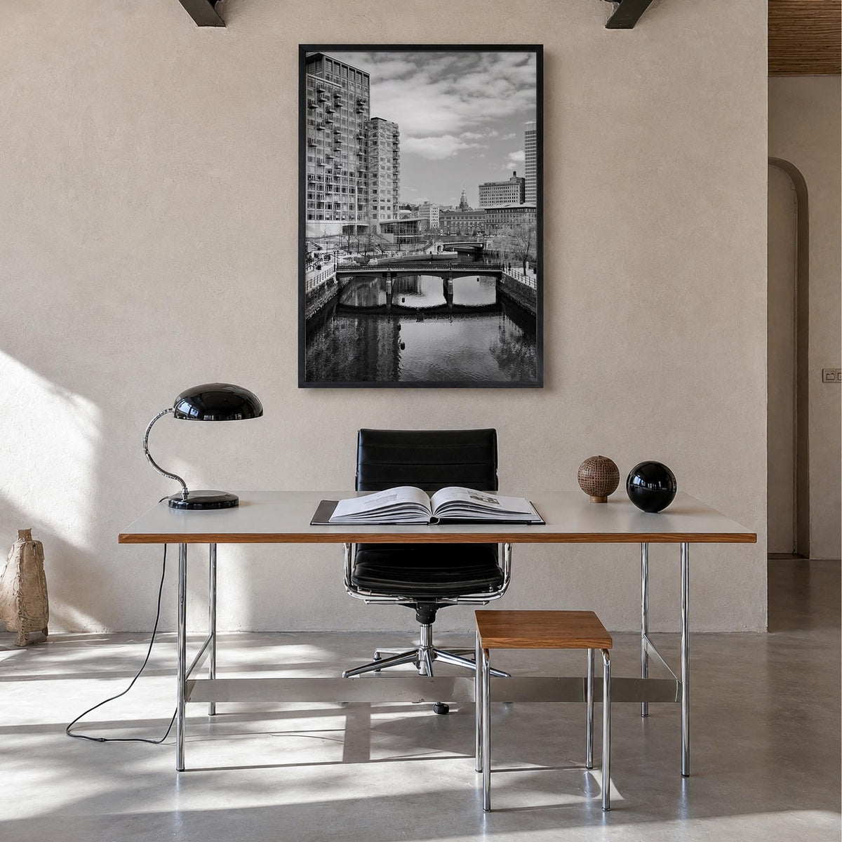 Providence black & white photo poster of Rhode Island, USA – vertical wall art in black wood frame, hanging on wall