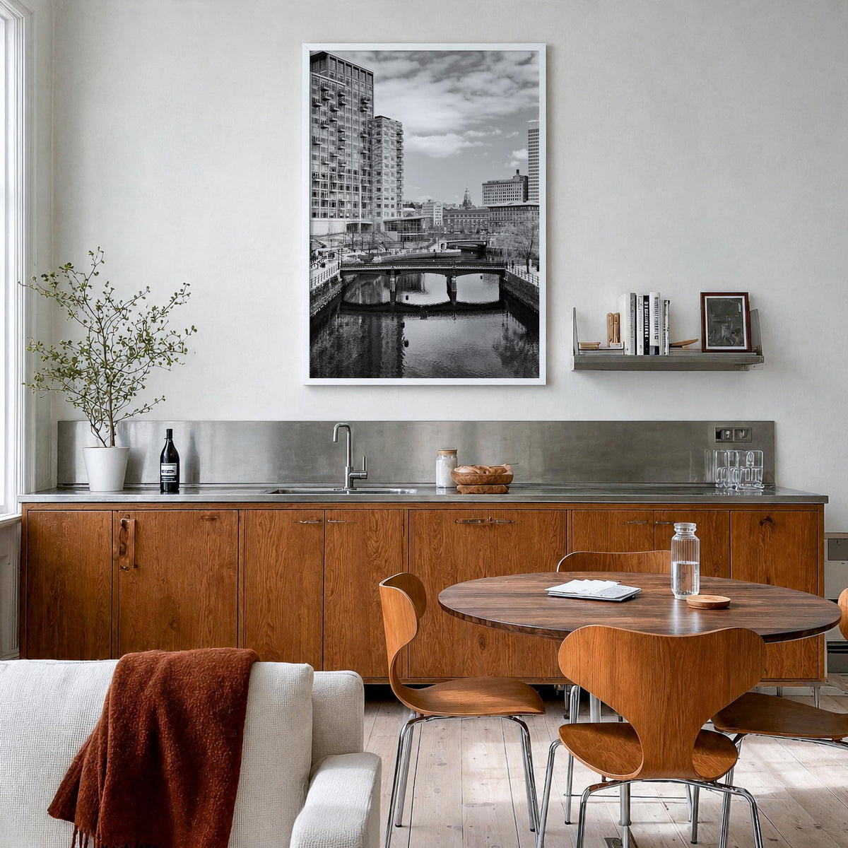 Providence black & white photo poster of Rhode Island, USA – vertical wall art in white wood frame, hanging on wall