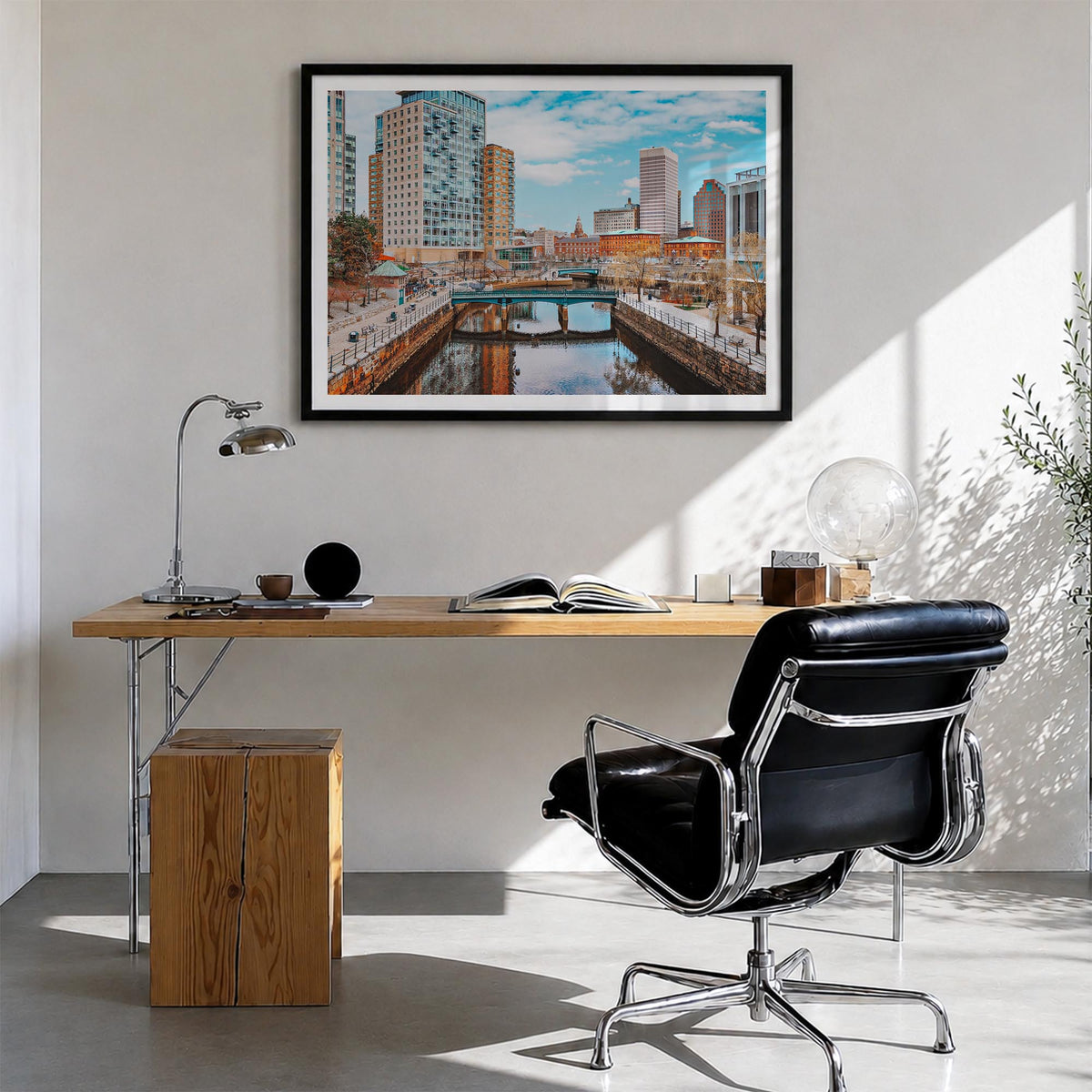Providence colorful photo poster of Rhode Island, USA – horizontal wall art in black wood frame with white border, hanging on
