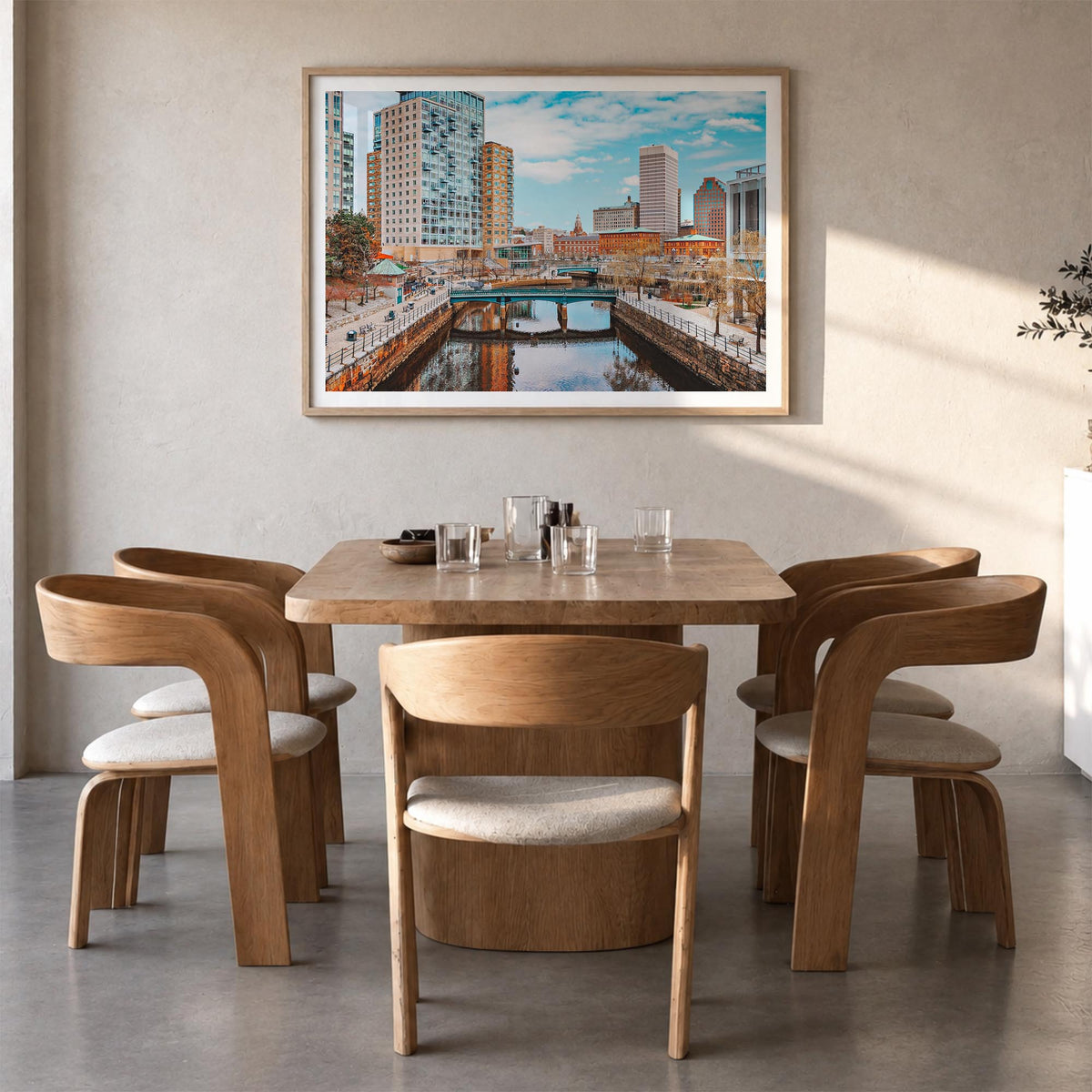Providence colorful photo poster of Rhode Island, USA – horizontal wall art in natural wood frame with white border, hanging