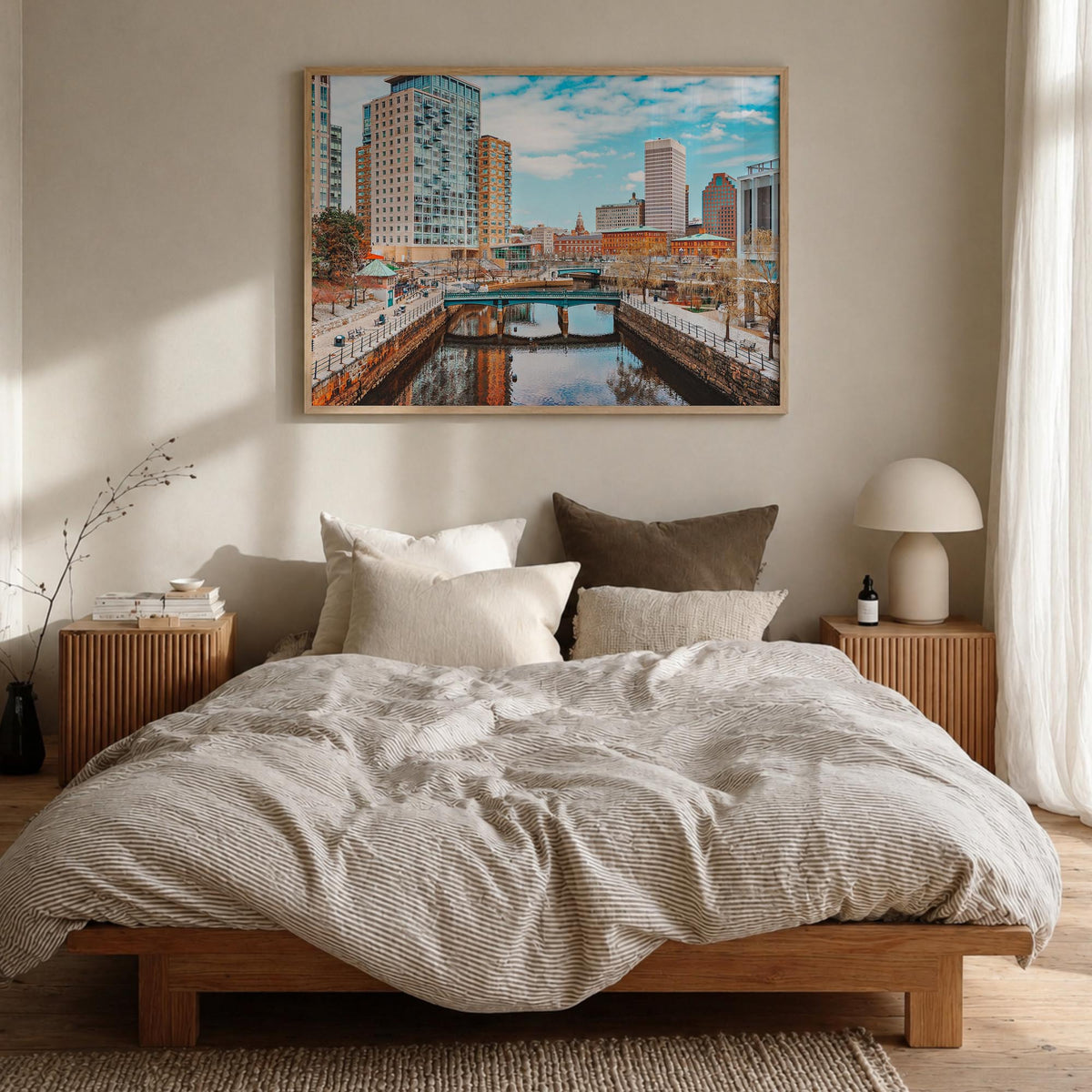 Providence colorful photo poster of Rhode Island, USA – horizontal wall art in natural wood frame, hanging on wall