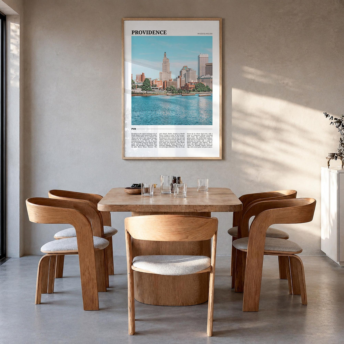 Providence colorful travel poster of Rhode Island, USA – vertical wall art in natural wood frame, hanging on wall