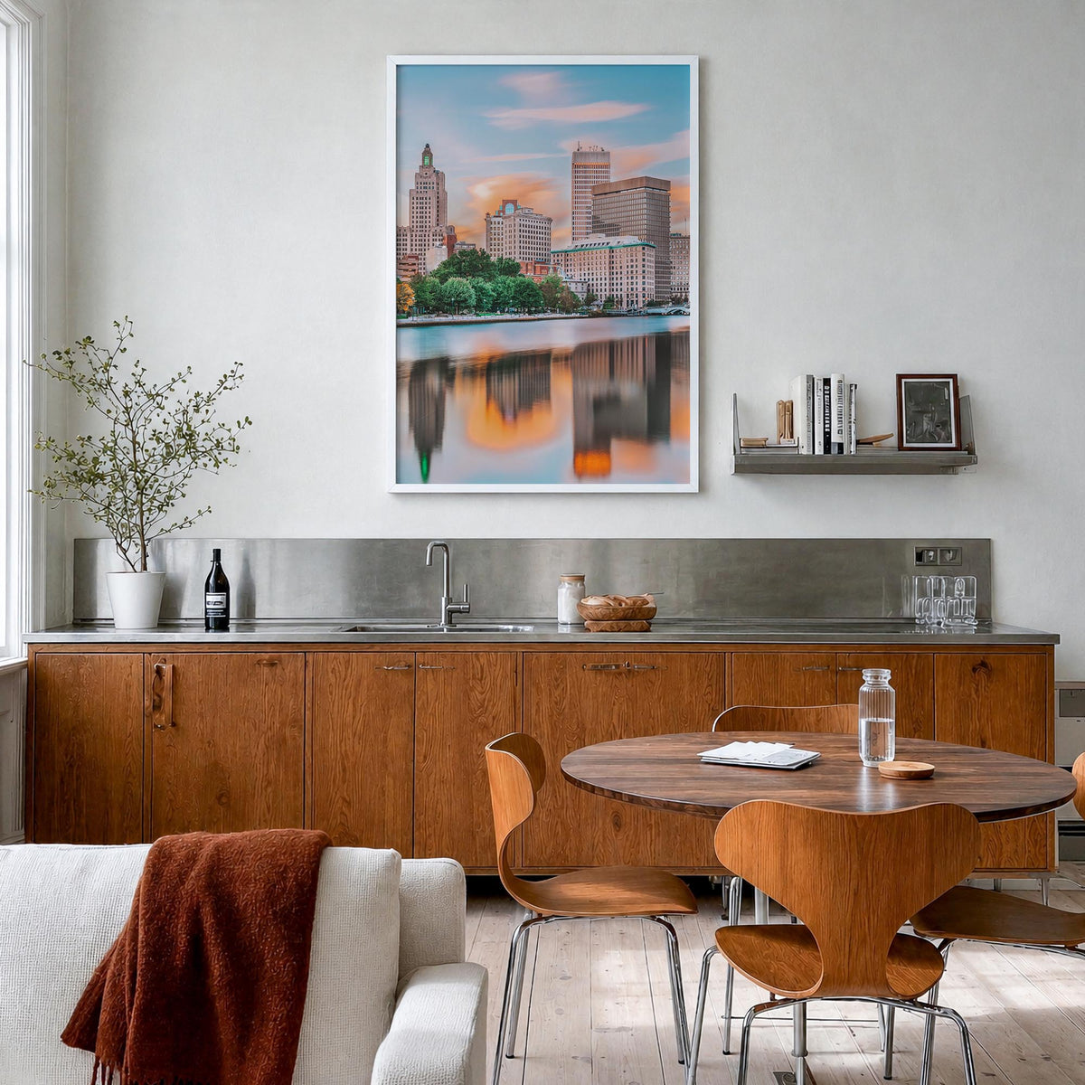 Providence no. 1 colorful photo poster of Rhode Island, USA – vertical wall art in white wood frame, hanging on wall