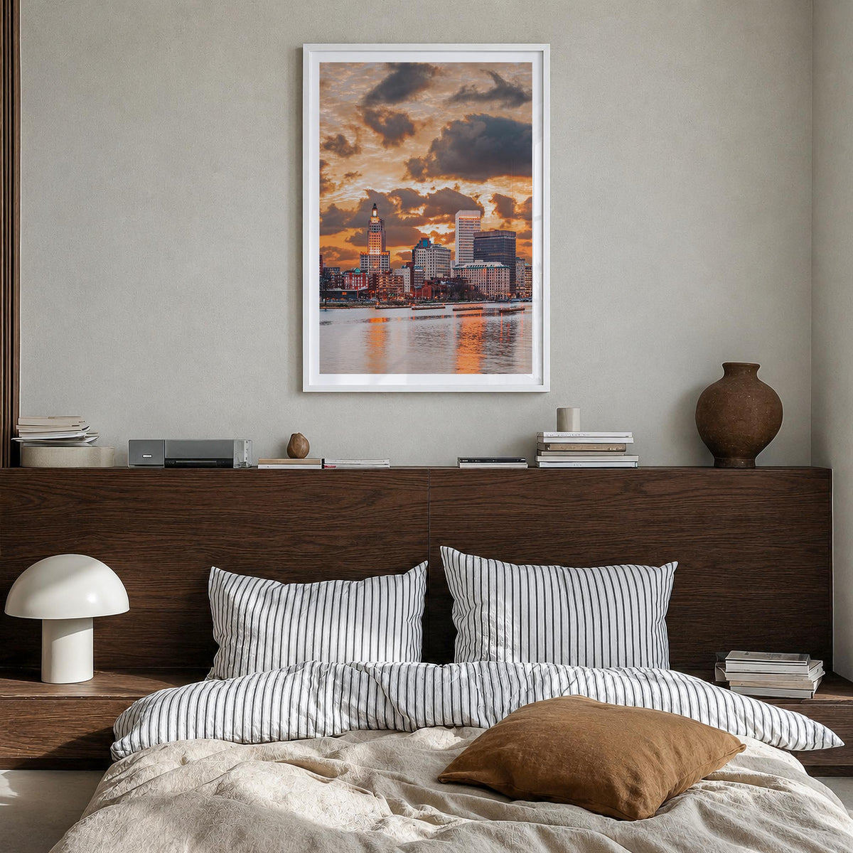 Providence no. 2 colorful photo poster of Rhode Island, USA – vertical wall art in white wood frame with white border, hangin