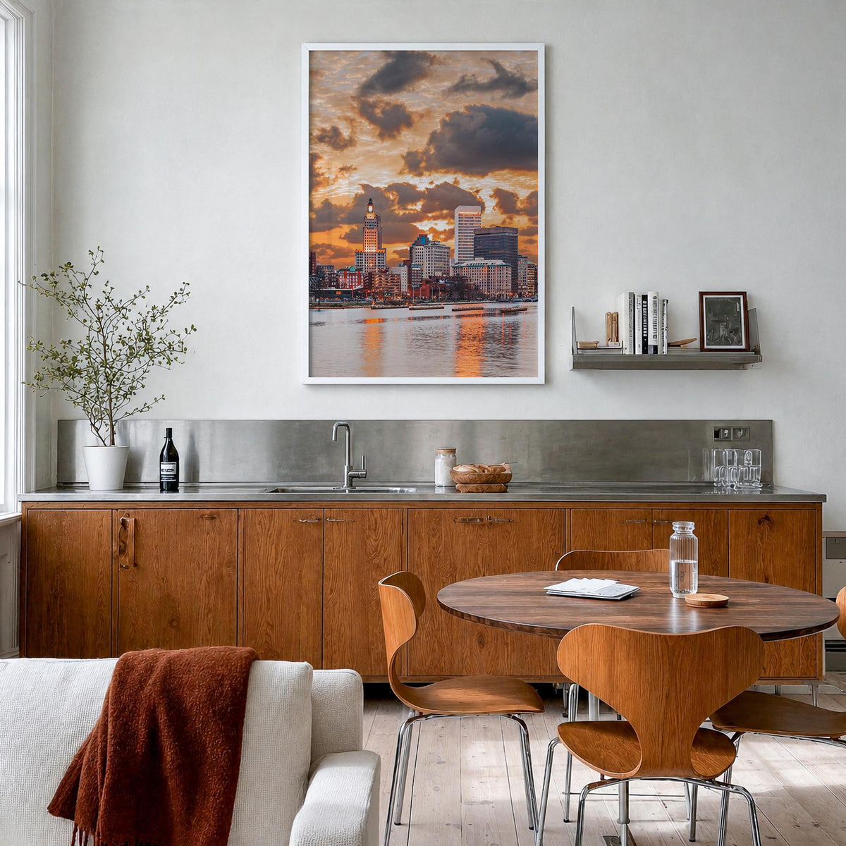 Providence no. 2 colorful photo poster of Rhode Island, USA – vertical wall art in white wood frame, hanging on wall
