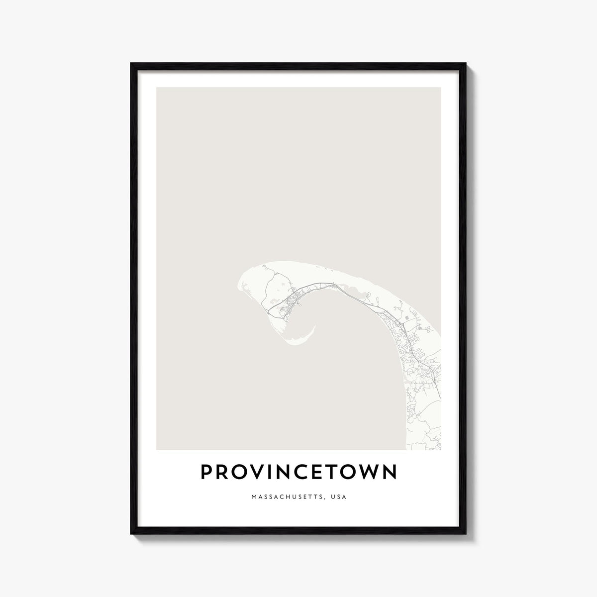 Provincetown black & white map poster of Massachusetts, USA – vertical wall art, unframed print shown in interior mockup