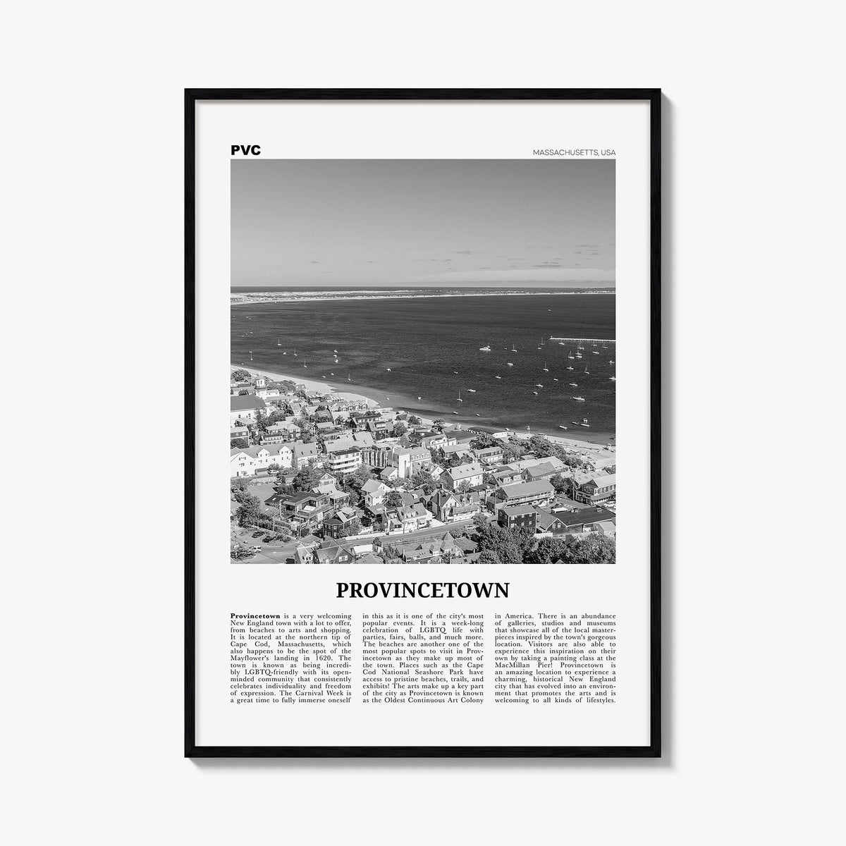 Provincetown black & white newspaper poster of Massachusetts, USA – vertical wall art, unframed print shown in interior mocku