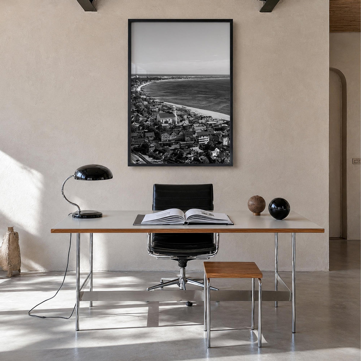Provincetown black & white photo poster of Massachusetts, USA – vertical wall art in black wood frame, hanging on wall