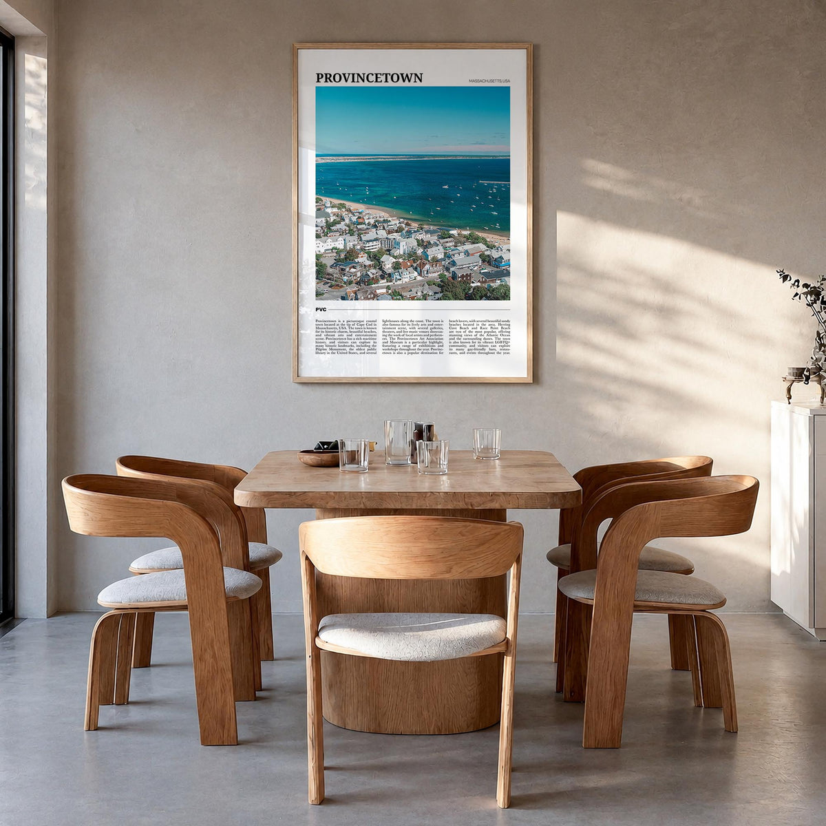 Provincetown colorful travel poster of Massachusetts, USA – vertical wall art in natural wood frame, hanging on wall