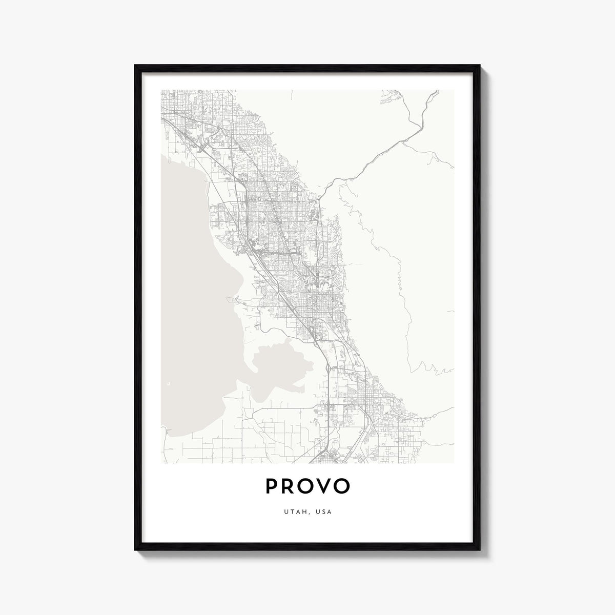 Provo black & white map poster of Utah, USA – vertical wall art, unframed print shown in interior mockup