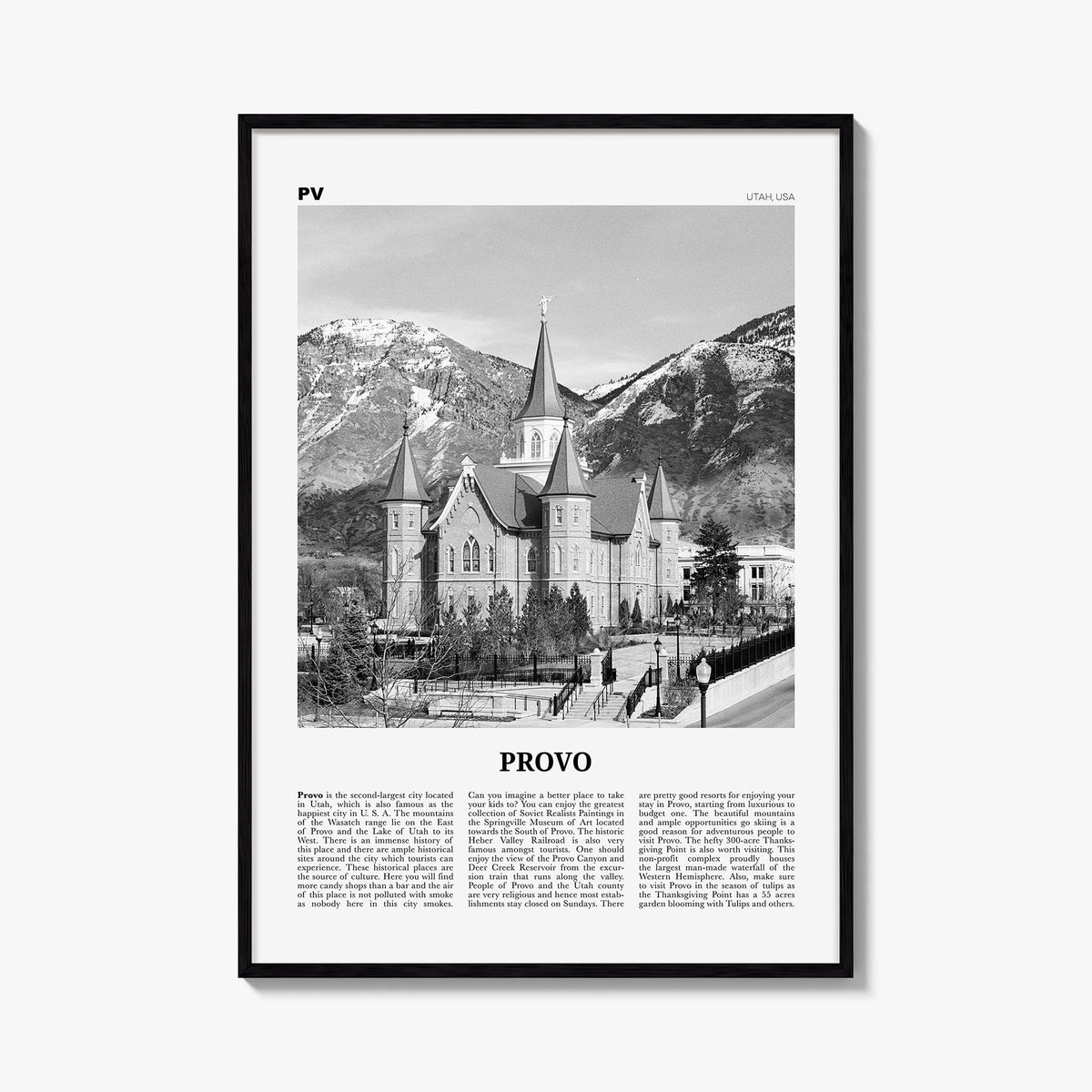 Provo black & white newspaper poster of Utah, USA – vertical wall art, unframed print shown in interior mockup