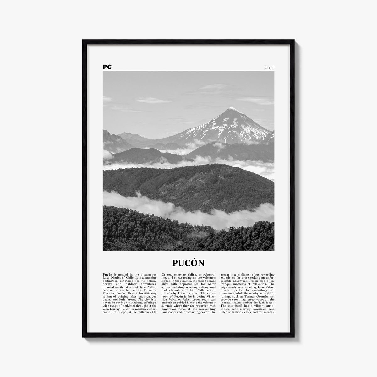 Pucón black & white newspaper poster of Chile – vertical wall art, unframed print shown in interior mockup