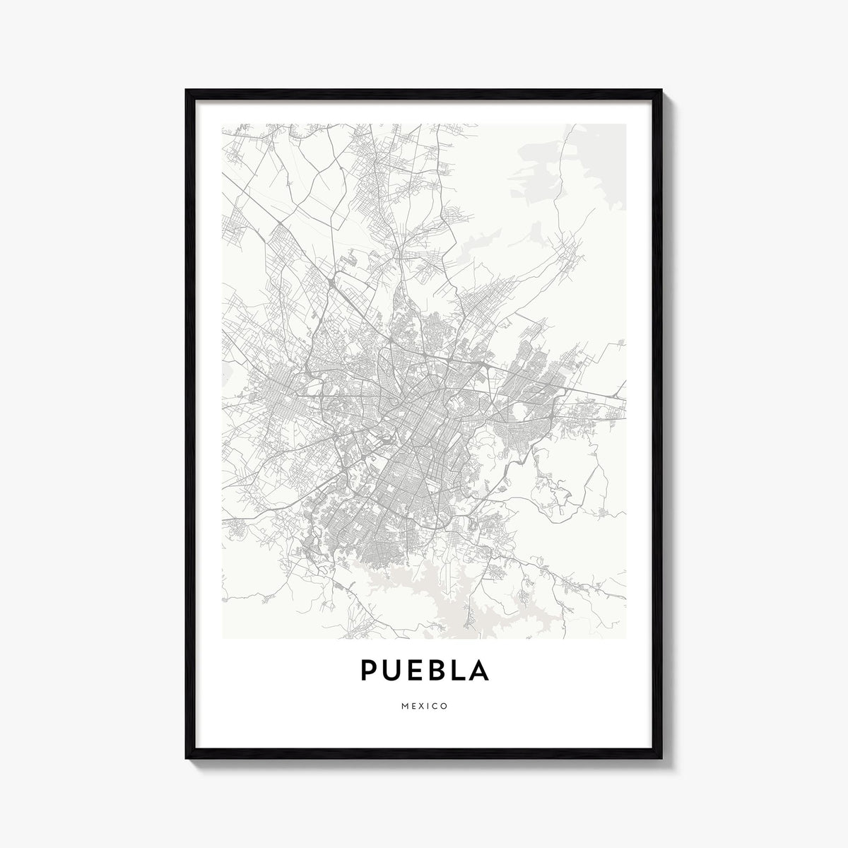 Puebla black & white map poster of Mexico – vertical wall art, unframed print shown in interior mockup