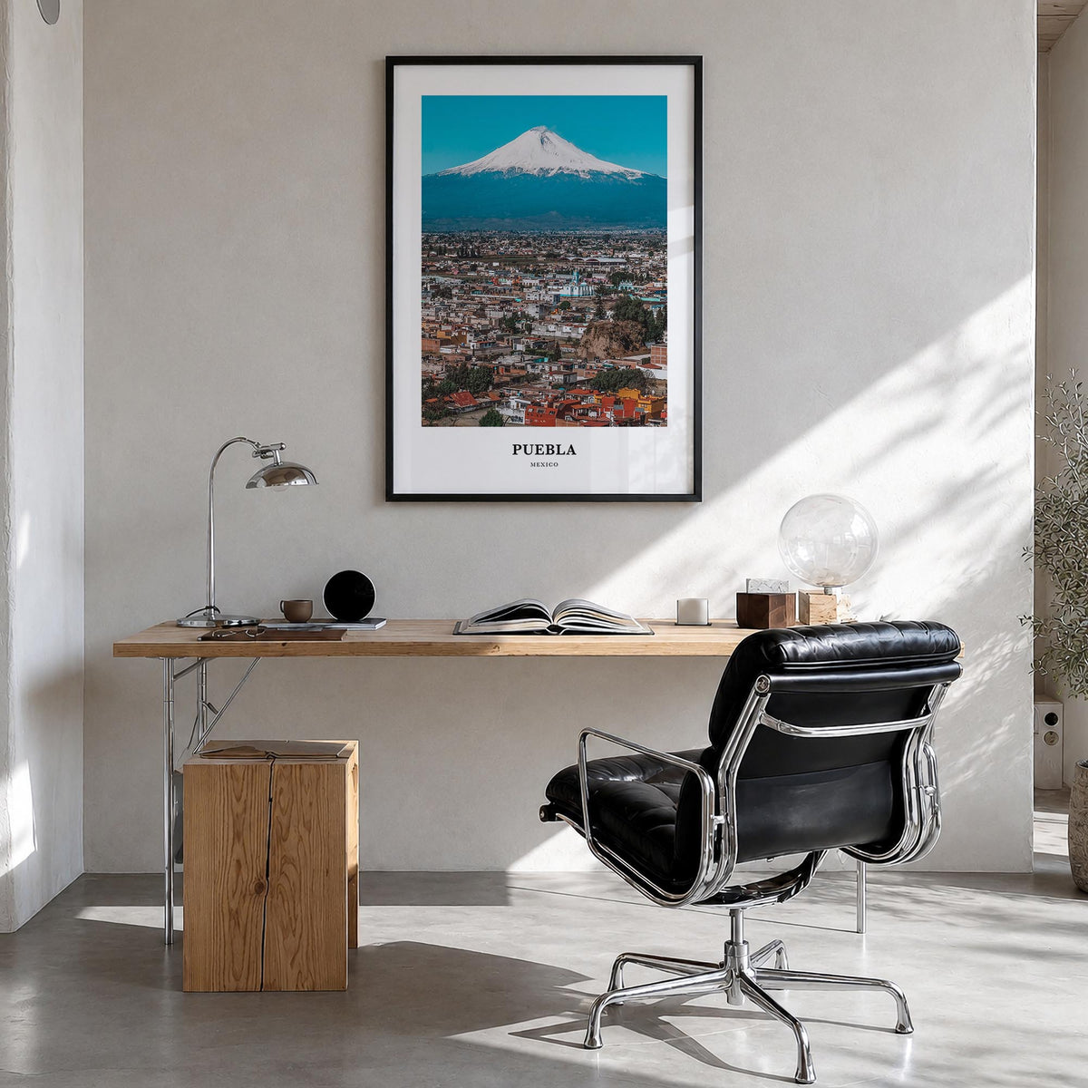 Puebla colorful classic poster of Mexico – vertical wall art in black wood frame, hanging on wall