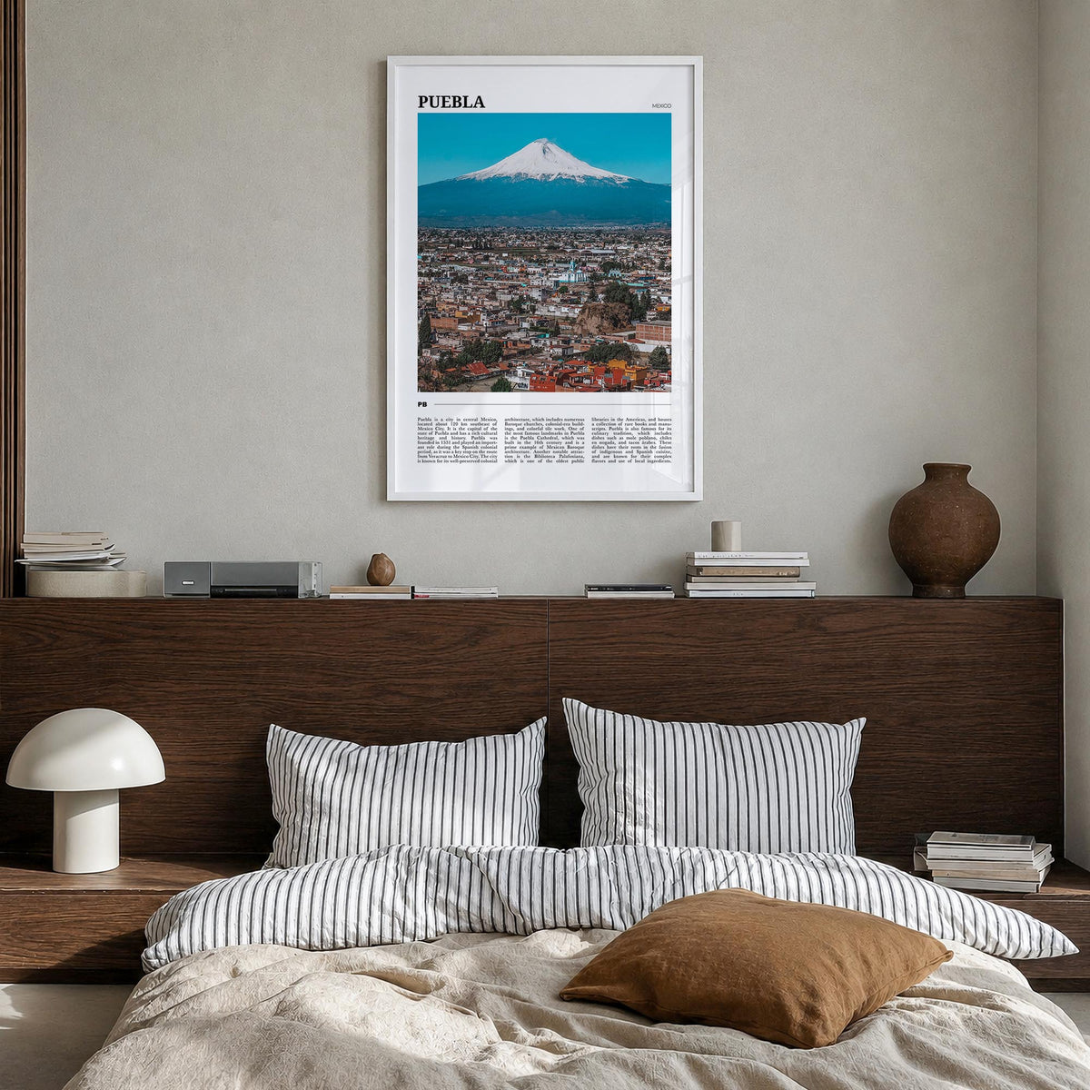 Puebla colorful travel poster of Mexico – vertical wall art in white wood frame, hanging on wall