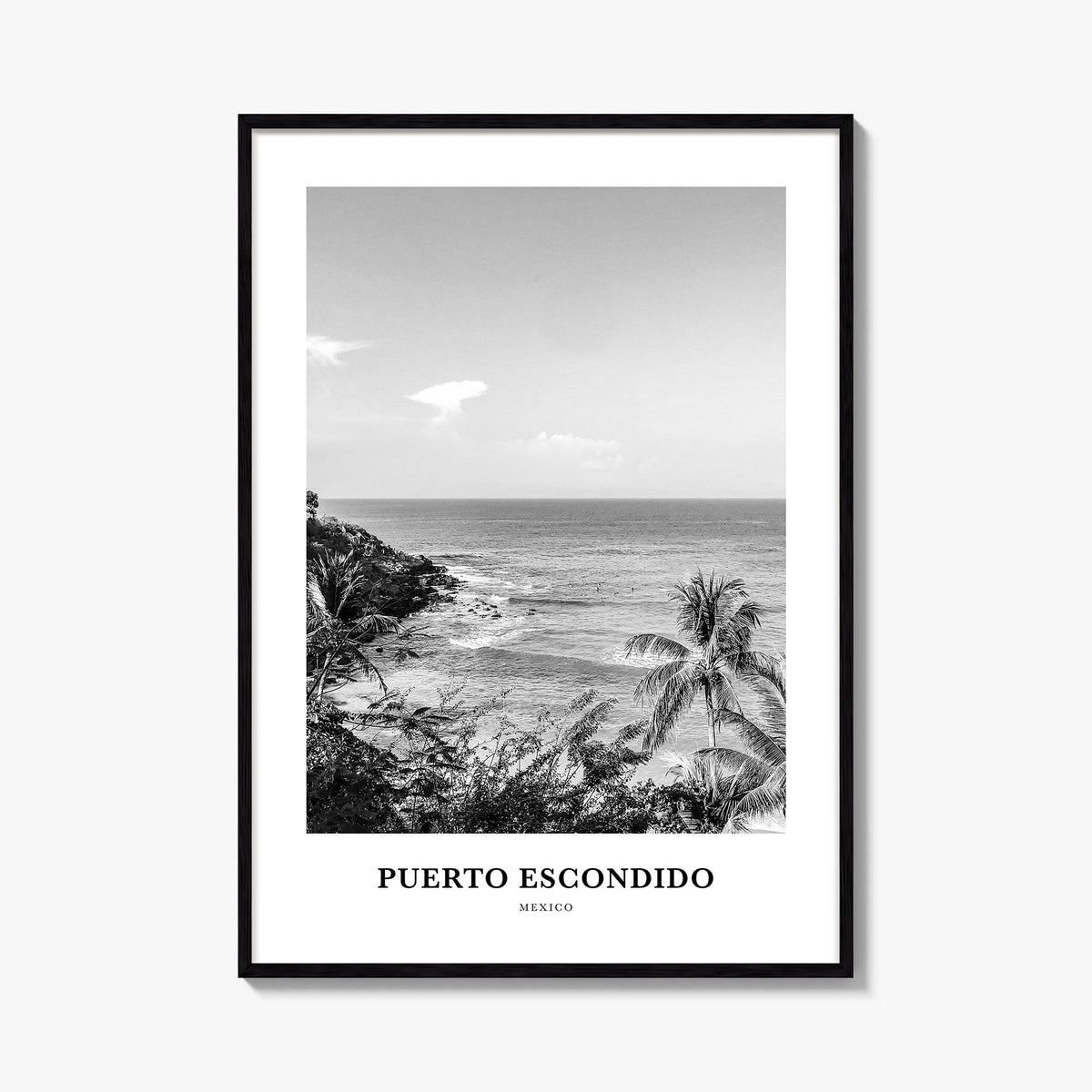 Puerto Escondido black & white classic poster of Mexico – vertical wall art, unframed print shown in interior mockup