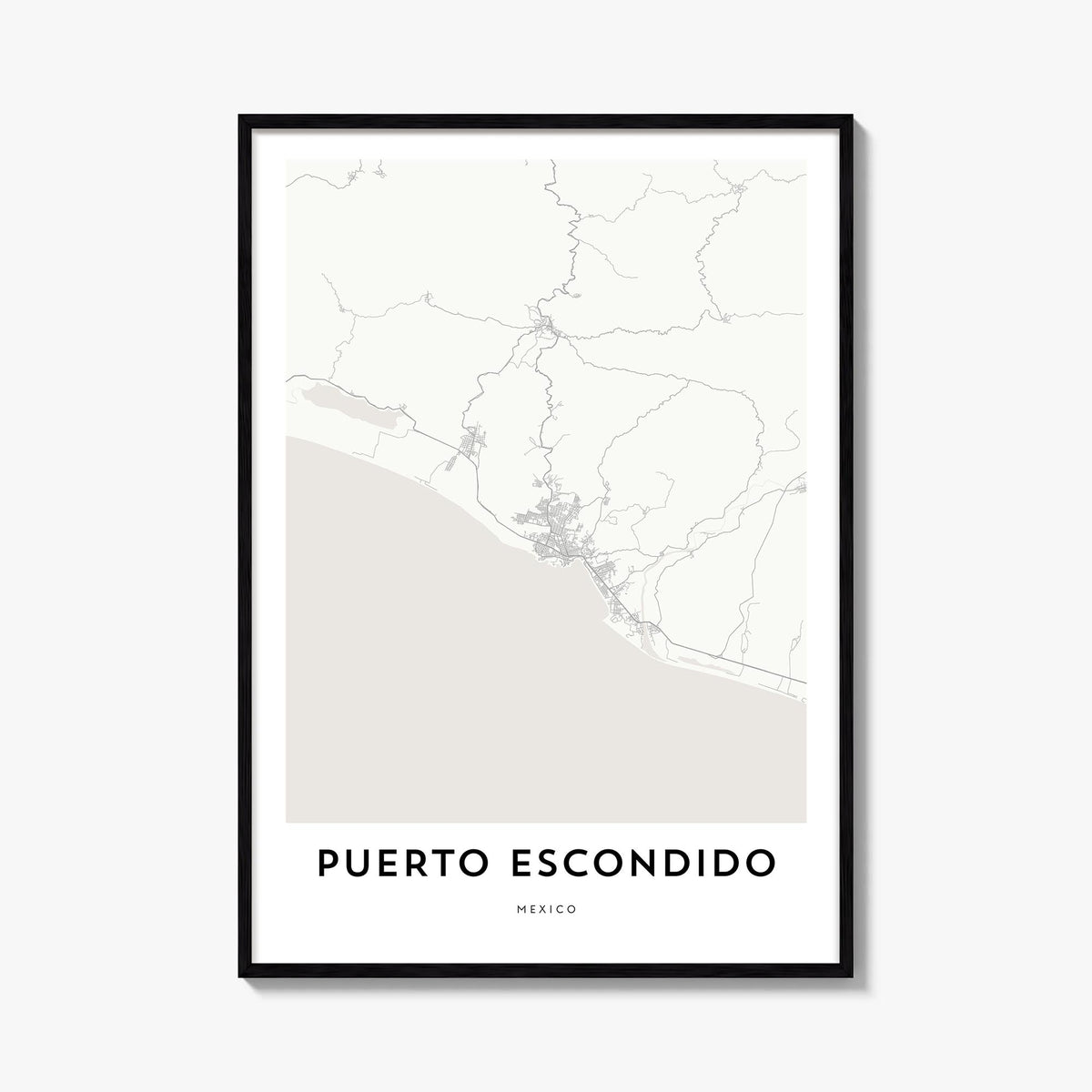 Puerto Escondido black & white map poster of Mexico – vertical wall art, unframed print shown in interior mockup