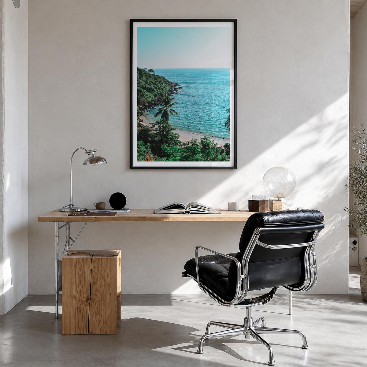 Puerto Escondido colorful photo poster of Mexico – vertical wall art in black wood frame with white border, hanging on wall