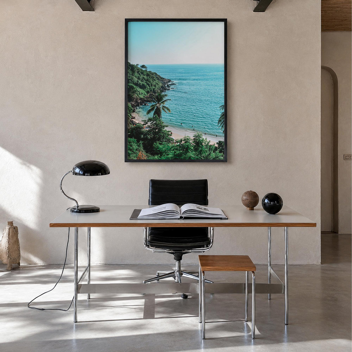 Puerto Escondido colorful photo poster of Mexico – vertical wall art in black wood frame, hanging on wall