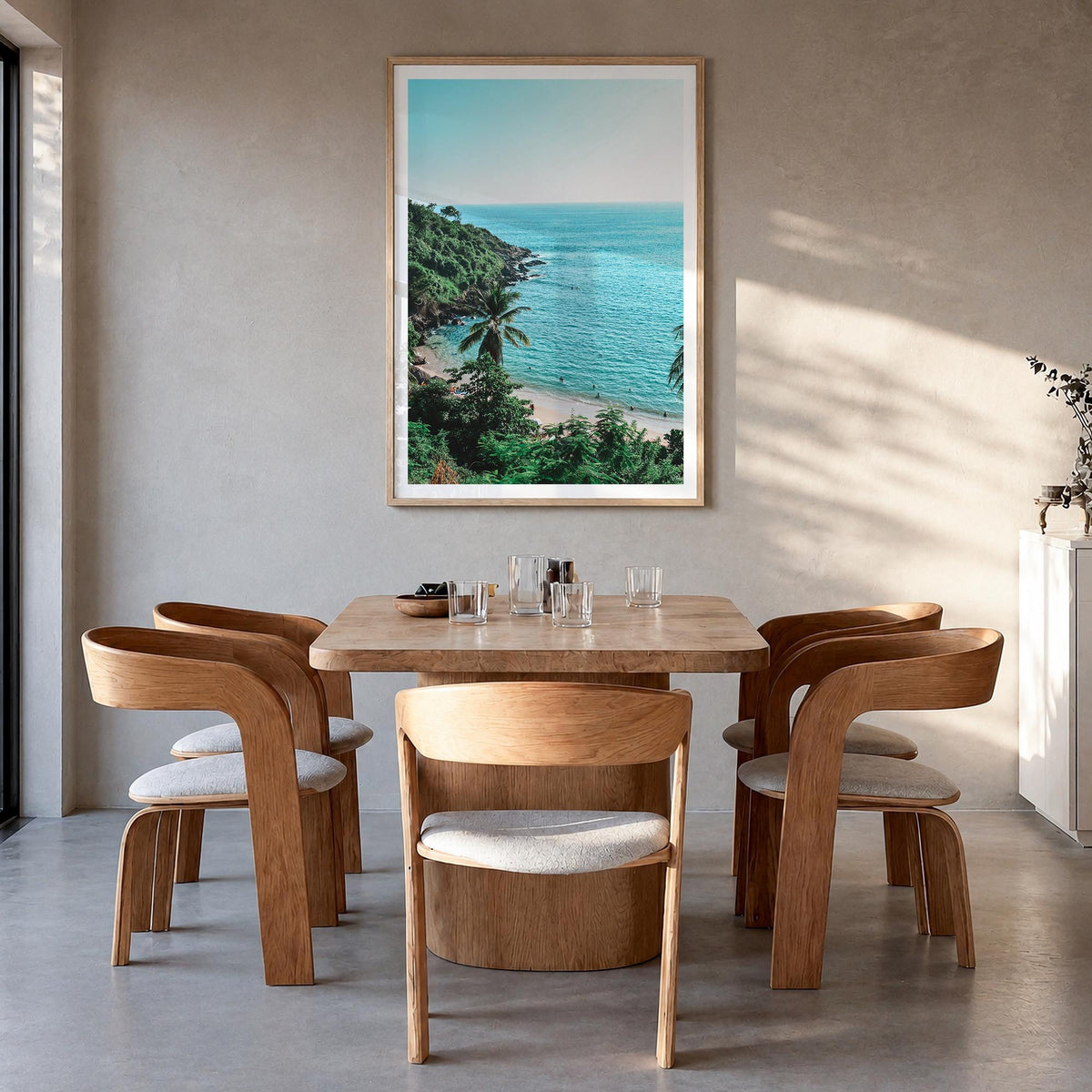Puerto Escondido colorful photo poster of Mexico – vertical wall art in natural wood frame with white border, hanging on wall