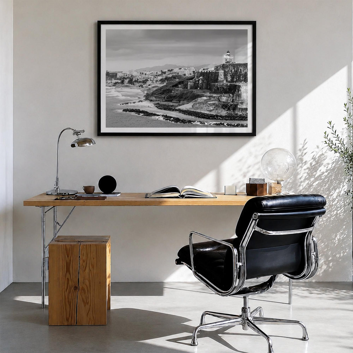 Puerto Rico black & white photo poster of Caribbean – horizontal wall art in black wood frame with white border, hanging on w