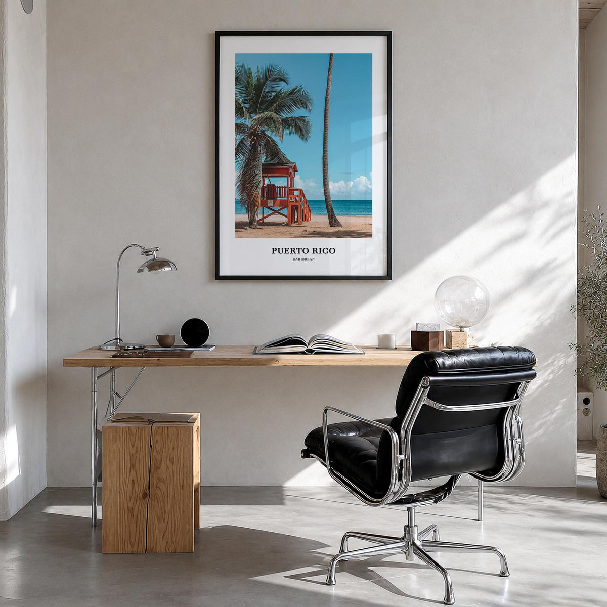 Puerto Rico colorful classic poster of Caribbean – vertical wall art in black wood frame, hanging on wall
