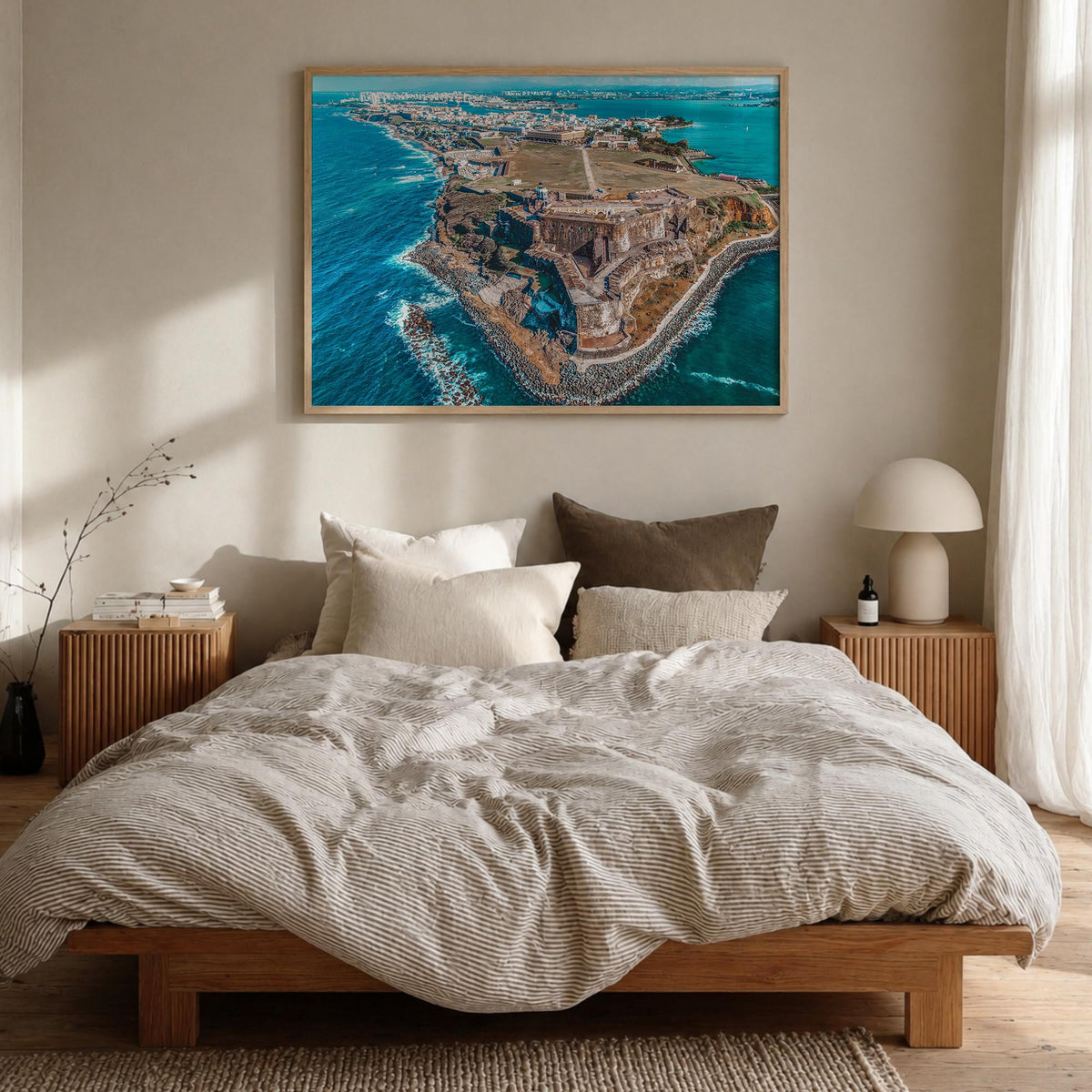 Puerto Rico colorful photo poster of Caribbean – horizontal wall art in natural wood frame, hanging on wall