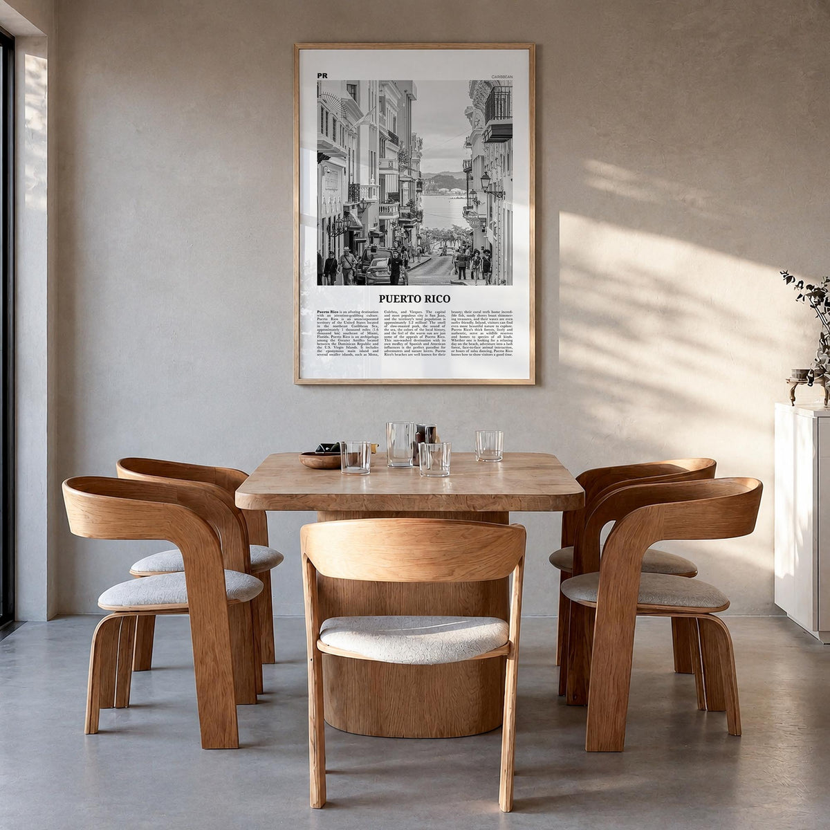 Puerto Rico no. 2 black & white newspaper poster of Caribbean – vertical wall art in natural wood frame, hanging on wall