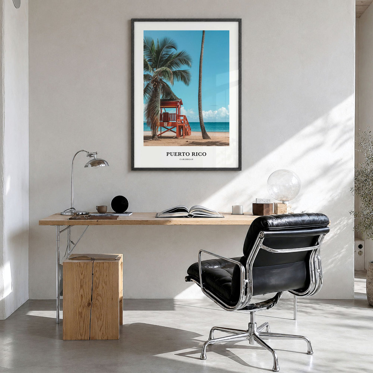 Puerto Rico Classic Poster in a black wood frame, hanging in a bright home office