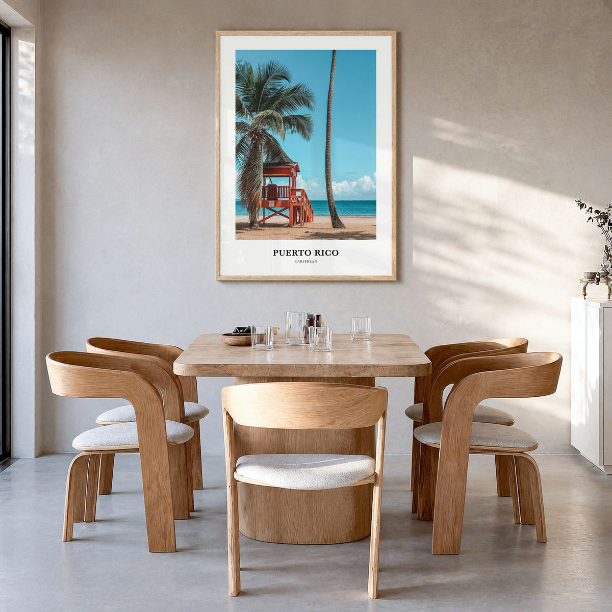 Puerto Rico Classic Poster in a natural wood frame, hanging in a dining room