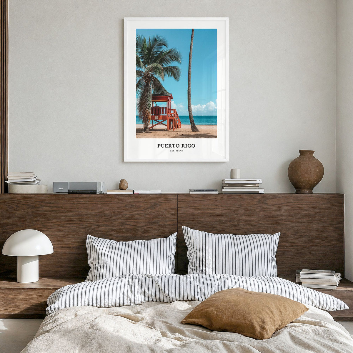Puerto Rico Classic Poster in a white wood frame, hanging in a bedroom