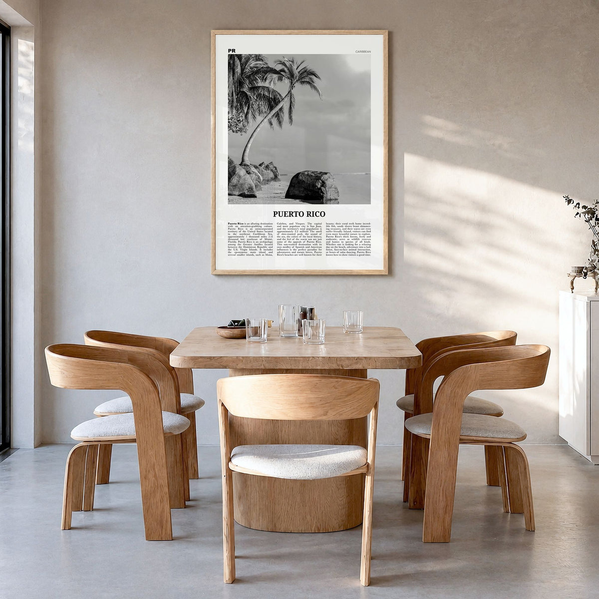 Puerto Rico Newspaper No 1 Poster in a natural wood frame, hanging in a dining room