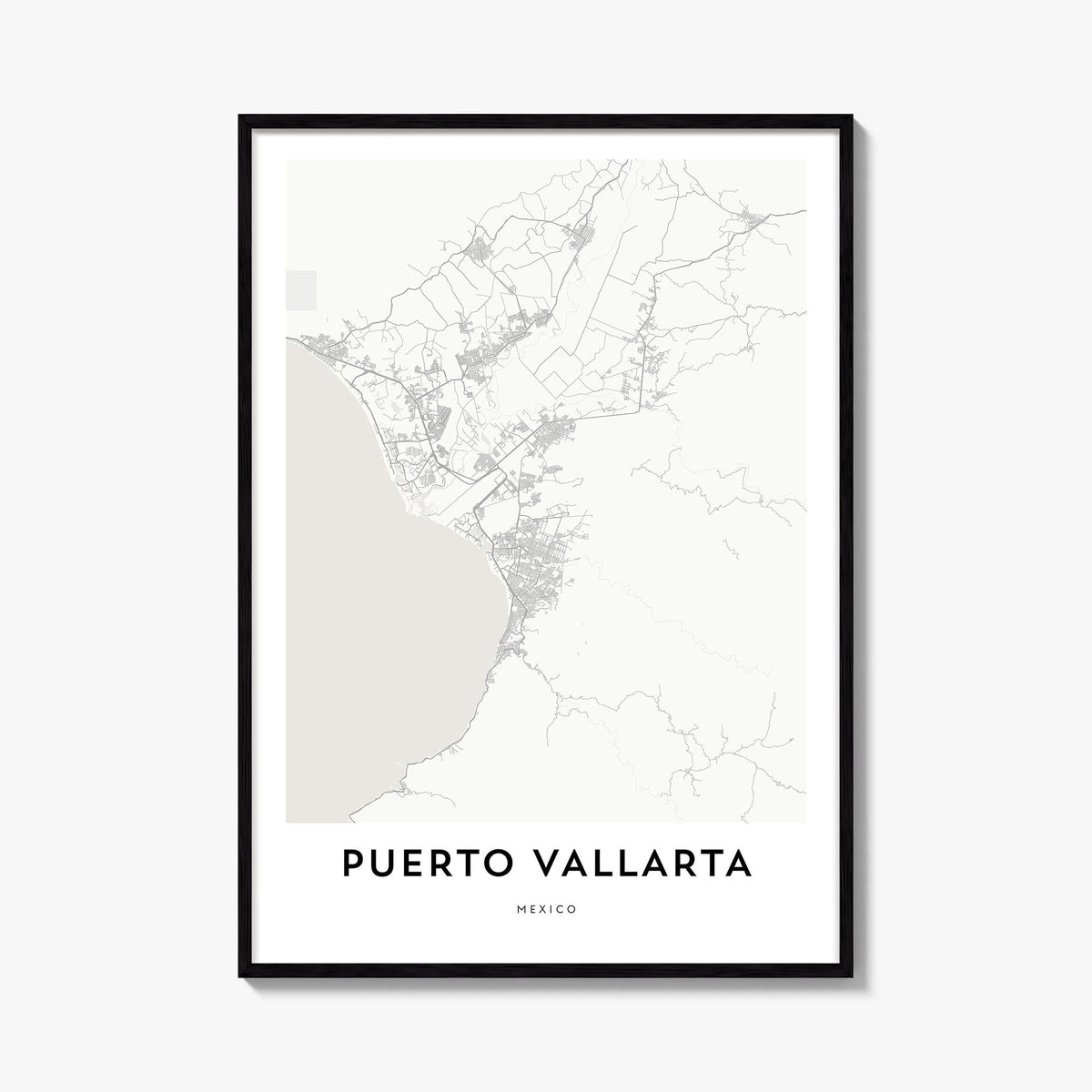 Puerto Vallarta black & white map poster of Mexico – vertical wall art, unframed print shown in interior mockup