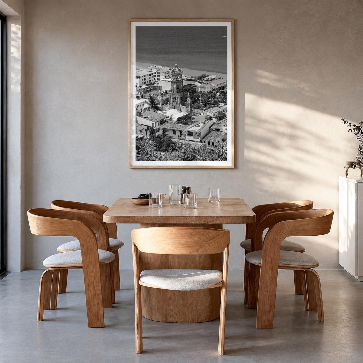 Puerto Vallarta black & white photo poster of Mexico – vertical wall art in natural wood frame with white border, hanging on